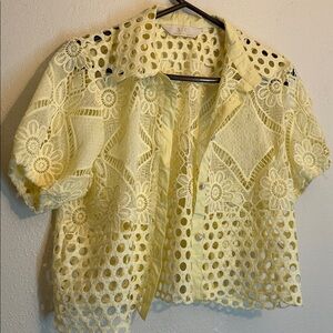 Yellow Lace Button-Up Blouse